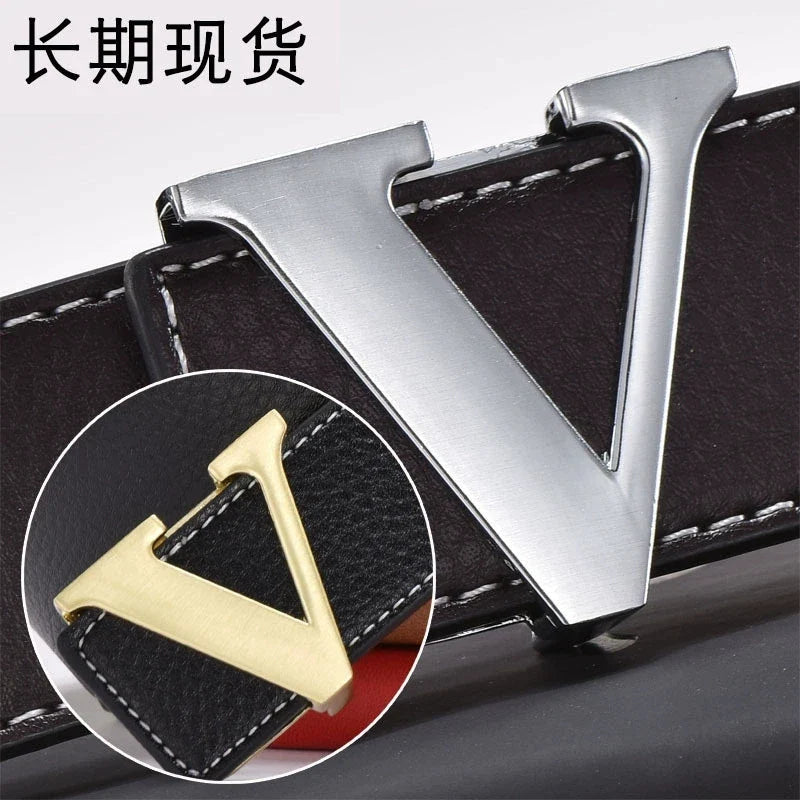 Men's high-end belt with smooth buckle; Korean style fashion trend letter V belt; men's belt