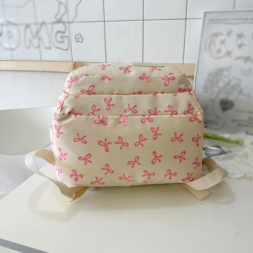 Korean Fashion Bow Print Women's Fashion Backpack Lightweight Simple Student Schoolbag Female Bag Set Three-Piece