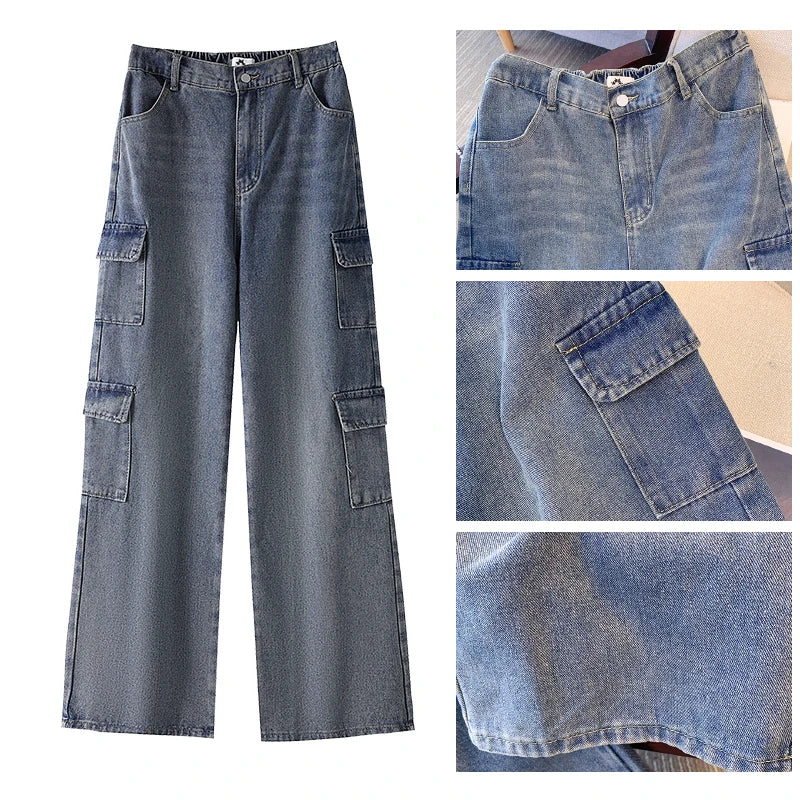Plus size women's fall casual denim pants Blue washed denim  cargo pants
