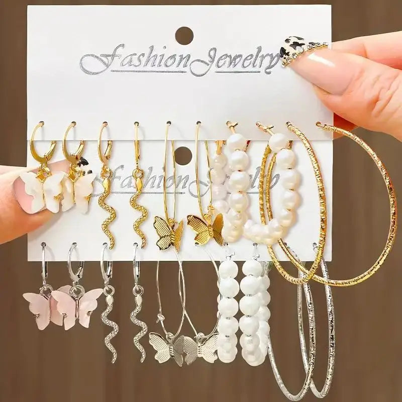 5pcs Set Creativity Snake Shape Acrylic Butterfly Pearl Dangle Earring Set for Women Fashion Hoop Earring Jewelry Accessories