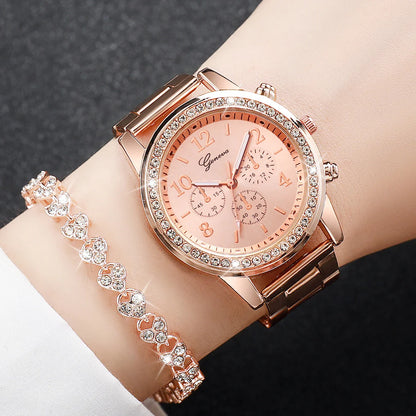 2PCS Women's Watch Fashion Rhinestone Ladies Analog Quartz Watches Bracelet Set Reloj Mujer Girls Clock Gift
