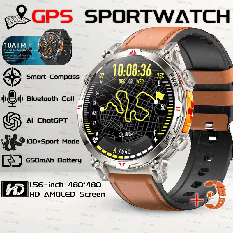 2025New Military GPS Sport Smartwatch Men 650mAh AMOLED Screen Compass Altimeter 10ATM Waterproof Heart Rate Wireless Call Clock