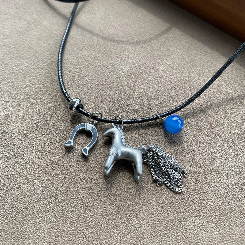 Minar Funny Metallic Cartoon Horse Multi Tassel Beads Pendant Necklaces for Women Female Adjustable Long Wax Rope Chain Chokers