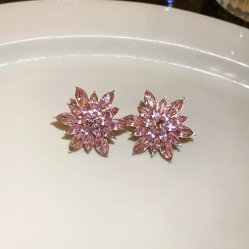 Rhinestone Flower Earrings for Women Korea Simple Sweet Stud Earrings Luxury High-grade Solid Color Charm Jewelry Girls Gift