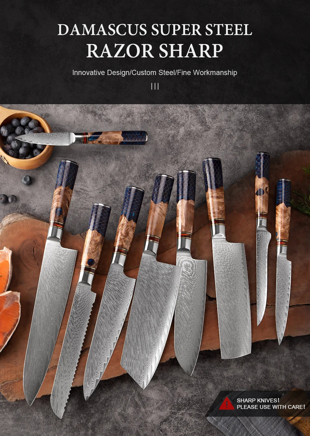 1-9 Piece Kitchen Knives Set Damascus Steel Chef Knife Sharp Cut Vegetables