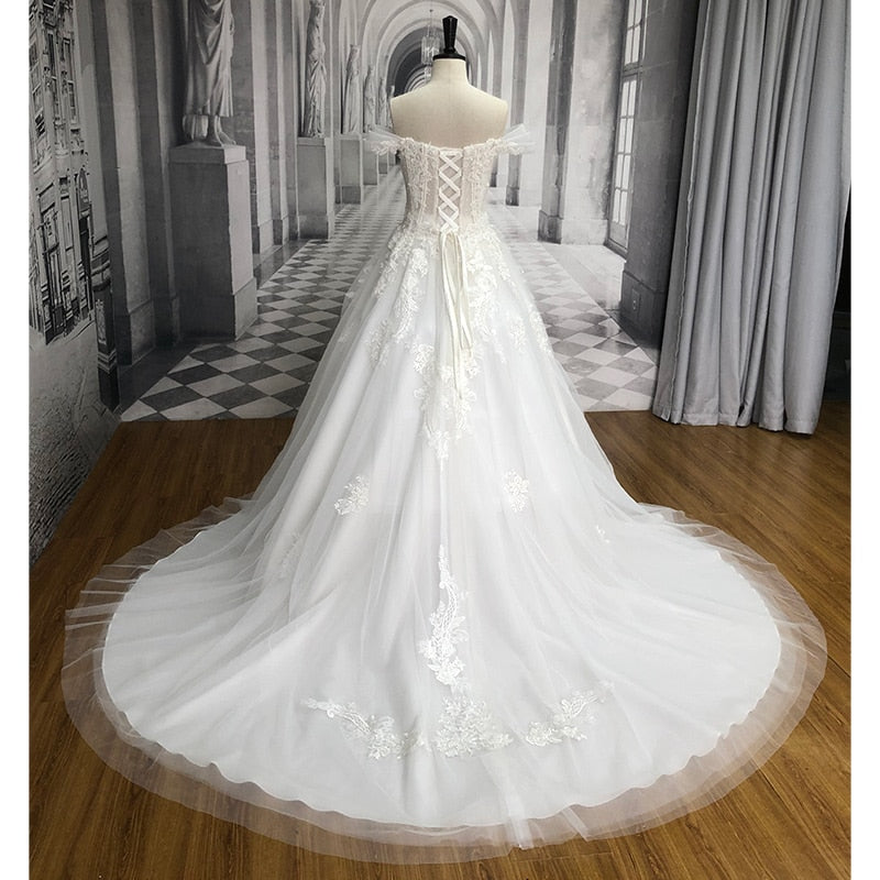 Court Train A-Line Wedding Dress Off Shoulder Beaded Vintage Bride Gown