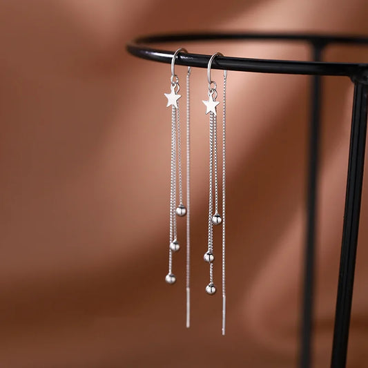 Designer 925 Sterling Silver Star Round Bead Long Tassel Dangle Earrings for Woman Exquisite Jewelry Accessories Gifts Colorfast