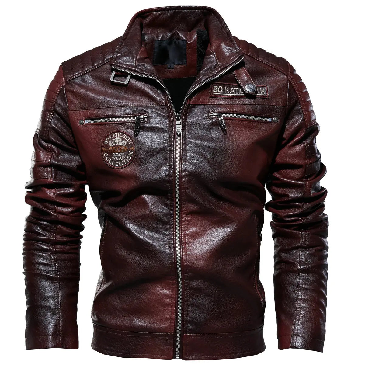Leather Jacket Men Winter Fleece Motorcycle PU Leather Jacket Mens Stand Collar