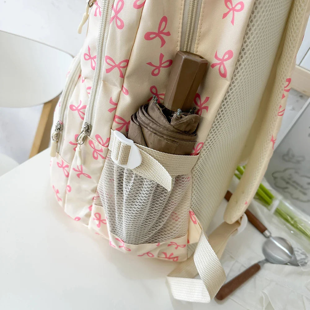 Korean Fashion Bow Print Women's Fashion Backpack Lightweight Simple Student Schoolbag Female Bag Set Three-Piece
