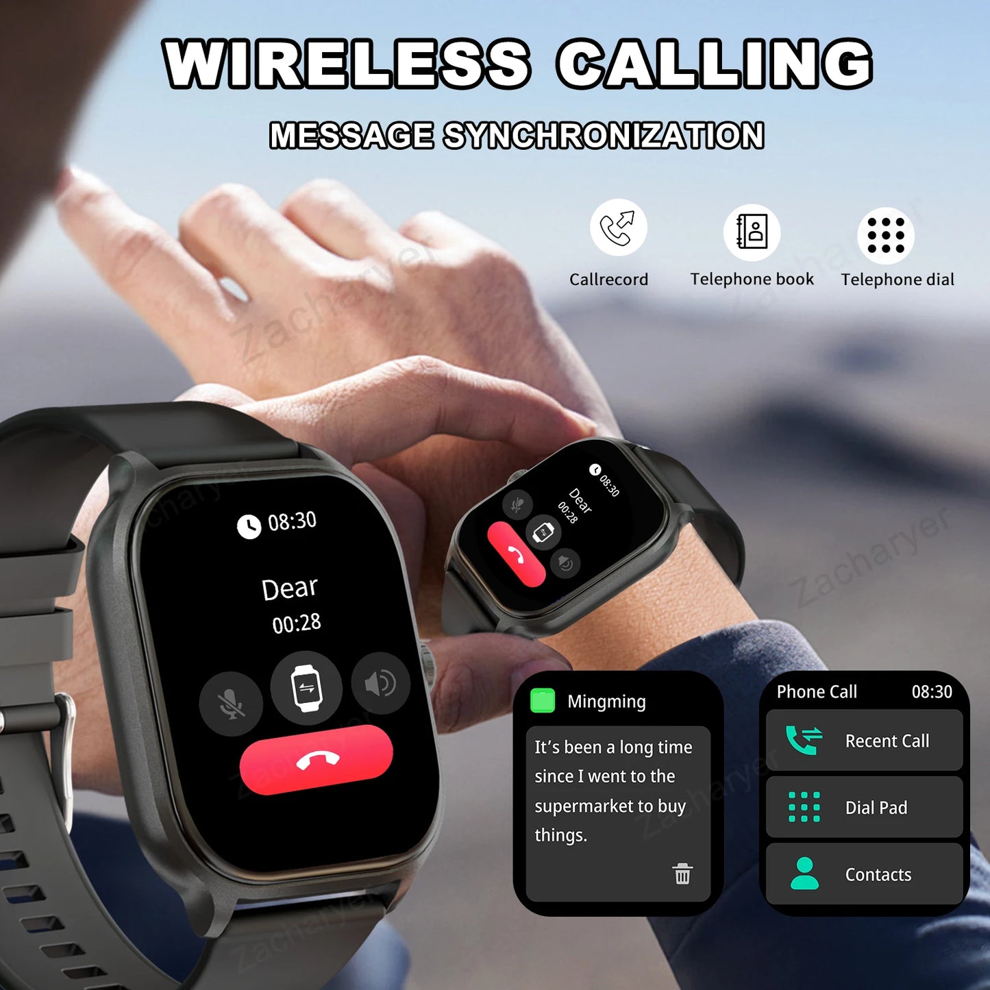 Smart watch, wireless calling/dial, multi-Sport mode, calling reminder and rejection, SMS reminder, for iPhone/Android