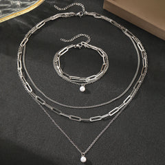 Stainless Steel Jewelry Set Elegant Delicate Pearl Pendant Jewelry Set Luxury Multi-Layer