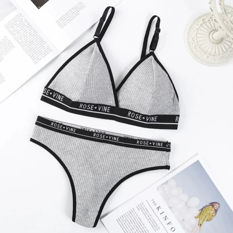Women Cotton Bra Low Waist Panties Lingerie Set Letter Print Push Up Bras