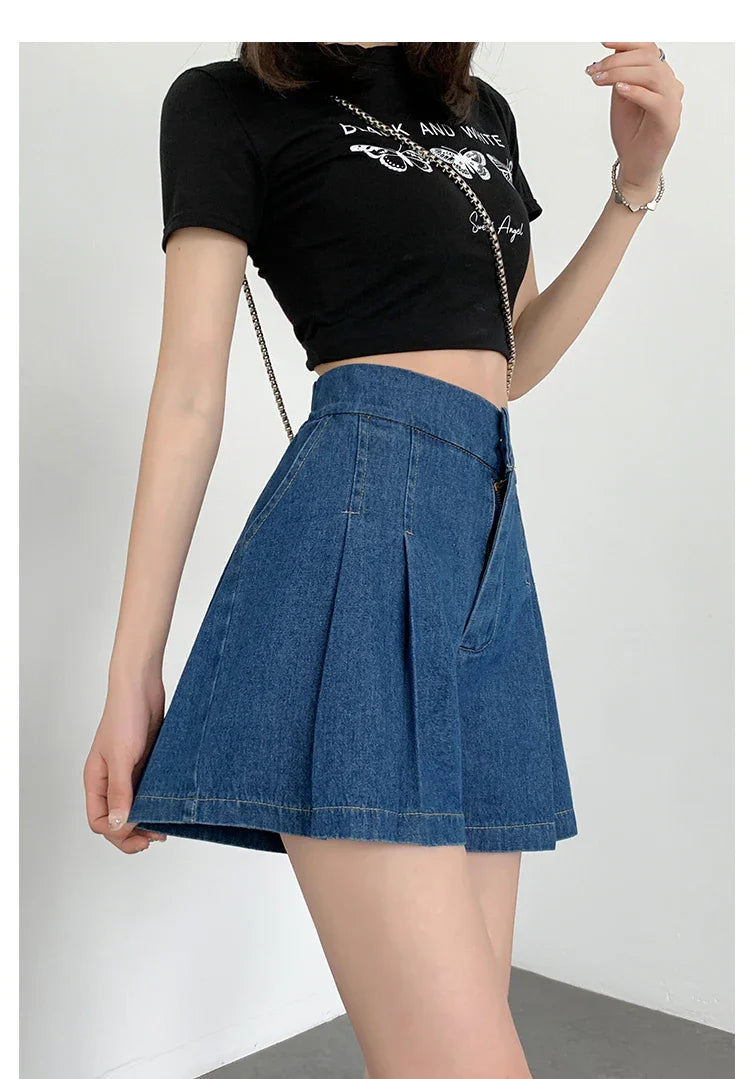 DFRCAEG 2024 Summer Plus Size Denim Shorts For Women High Elastic Waist Blue Or Sky Blue Pleated Mini Large Size Short Femme
