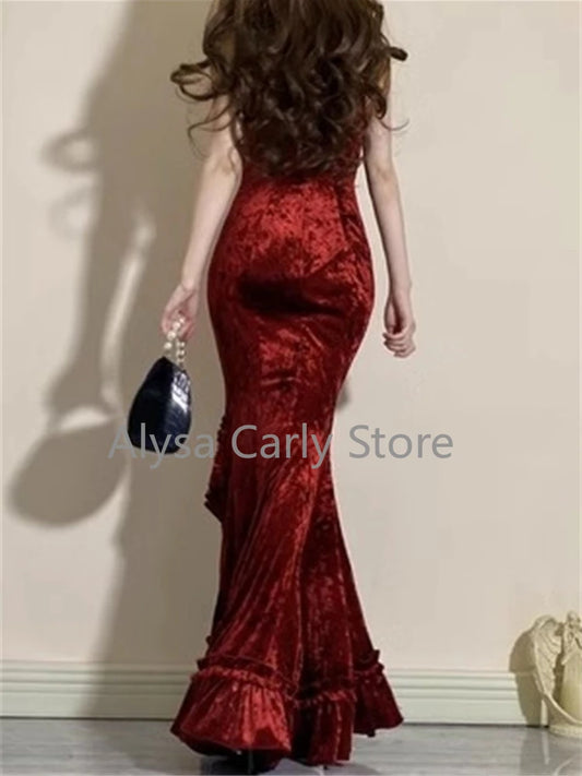Formal attire Dresses: Velvet Long Dress Women Elegant Slim Spaghetti Strap Folds Dress