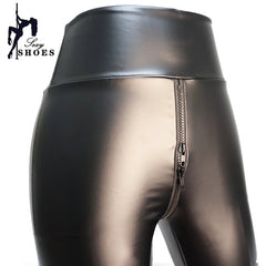 Double Zipper Open Crotch Pants for Women Large Size Black Matte Leather