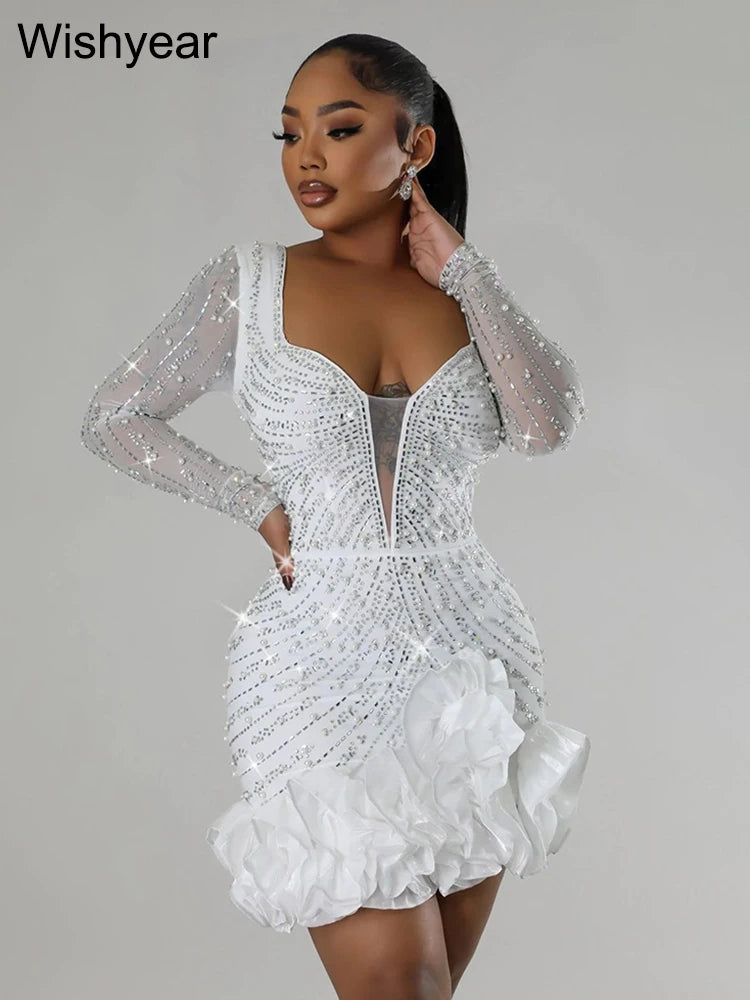 Formal attire Dresses: Evening Rhinestone Pearls Bodycon Ruffle Mini Dress