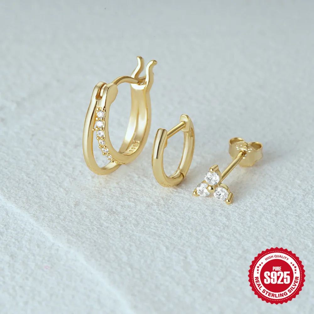 CANNER 925 Sterling Silver 3PCS Zircon Double Layer Hoop Earrings For Women Minimalism Ins Earrings Fine Jewelry Party Gift