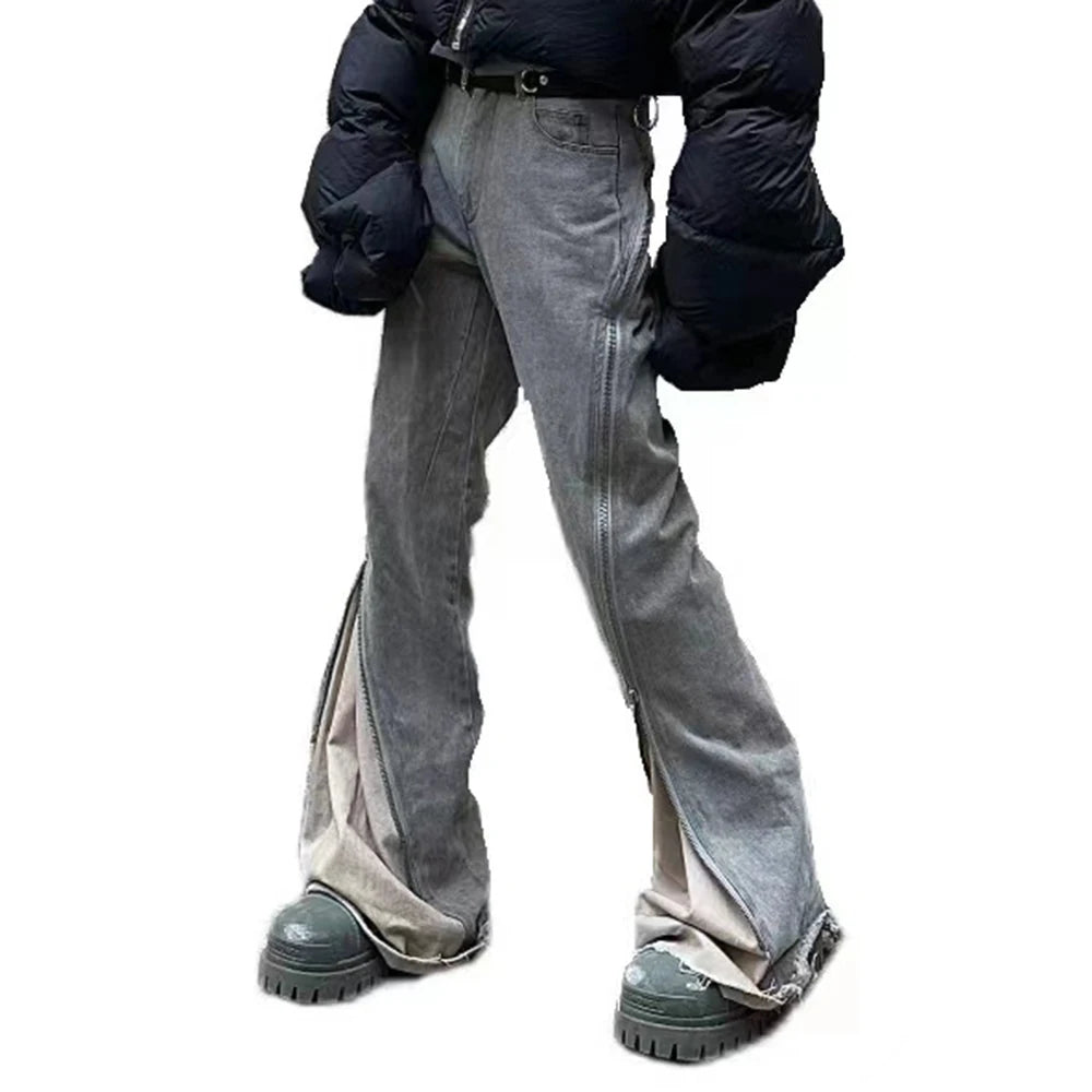 RO Long Zipper Silhouette Pantalones Hombre Sashes Baggy Jeans for Men and Women