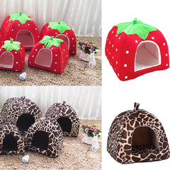 Cute Strawberry Pet Dog Cat House Foldable Warm Soft Winter Dog Bed Sofa Cave