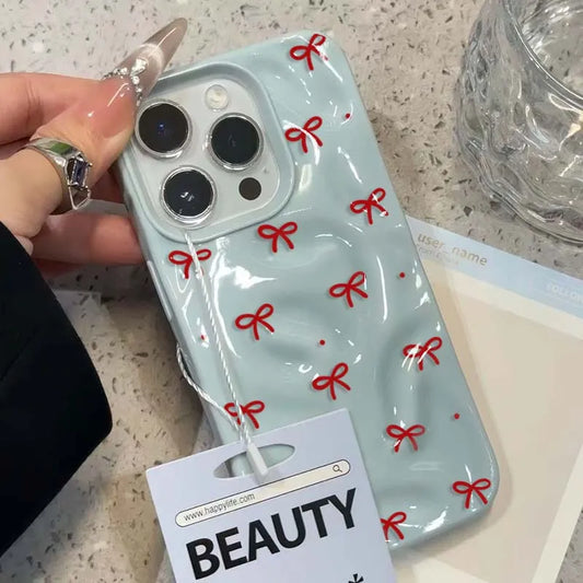 Red Bow Dots Folds Texture Phone Case For iPhone 11 Funda iPhone 17 13 14 15 16 Pro Max 12 Plus 14promax Shockproof Soft Cover