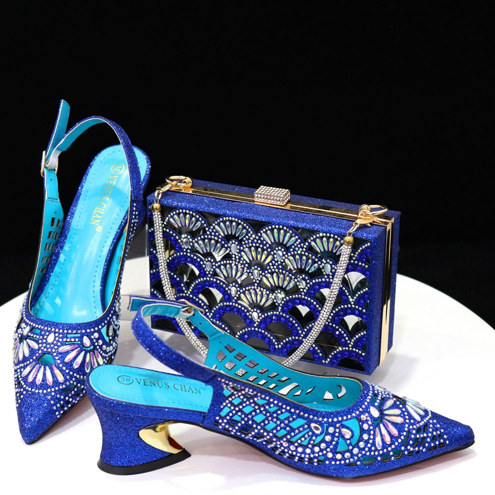 Women Shoe and Bag Set Decorated gold Shoes and Bag