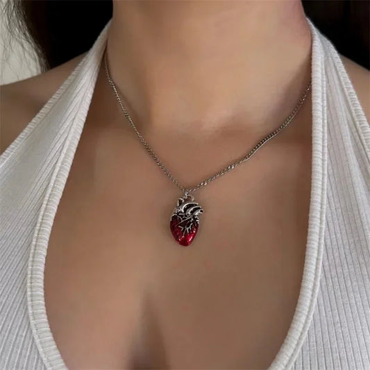 red heart necklace gothic y2k grunge jewelry dainty silver color tone bloody