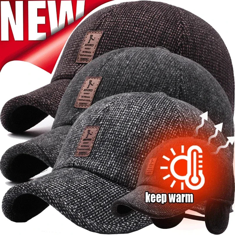 Autumn Winter Warm Men Woolen Baseball Cap Outdoor Ear Cover Earflaps Adjustable Hat Middle-aged Dad Hat With Earmuffs Design