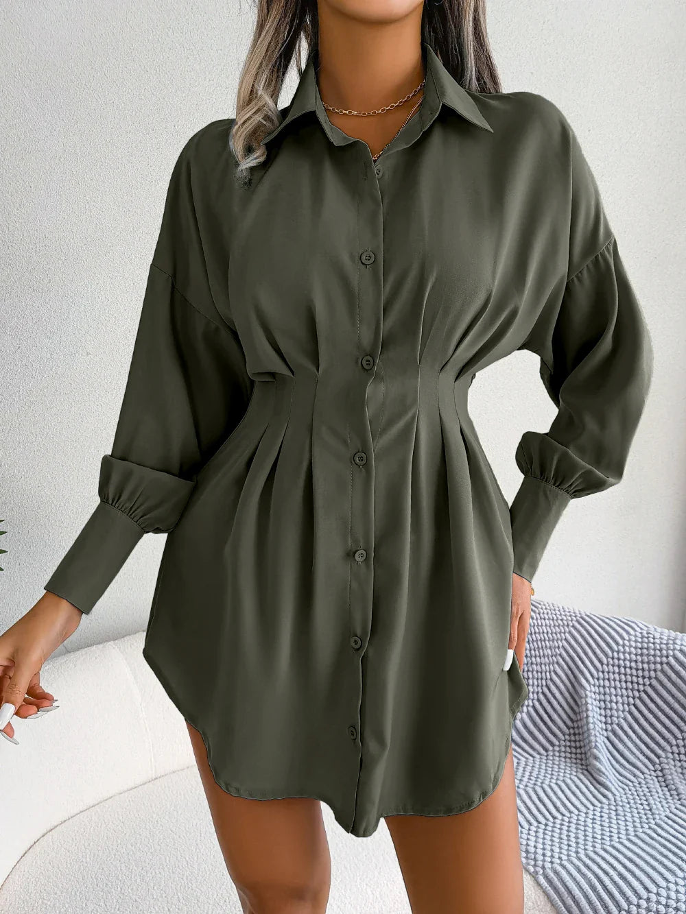 Women Casual Buttons Long Sleeve Shirt Dress Autumn 2026 Solid Color Lapel Mini Dress White Blue Army Green Woman Clothing