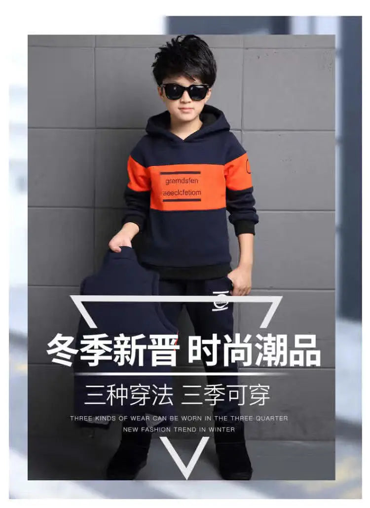 3pcs/set 2025 winter Boys tracksuit Autumn Teenager Clothes splicing velvet jacket + hooded + Pant Children 4 8 9 10 11 12 year