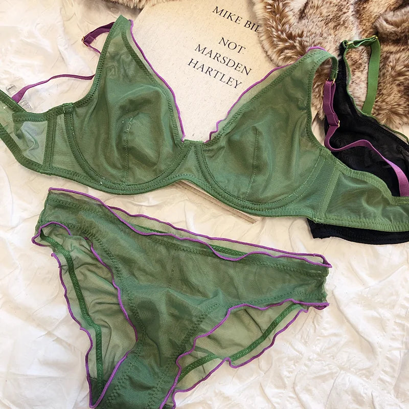 French Ultra Thin Bralette for Women Underwear Top Deep V Push Up Bra Set