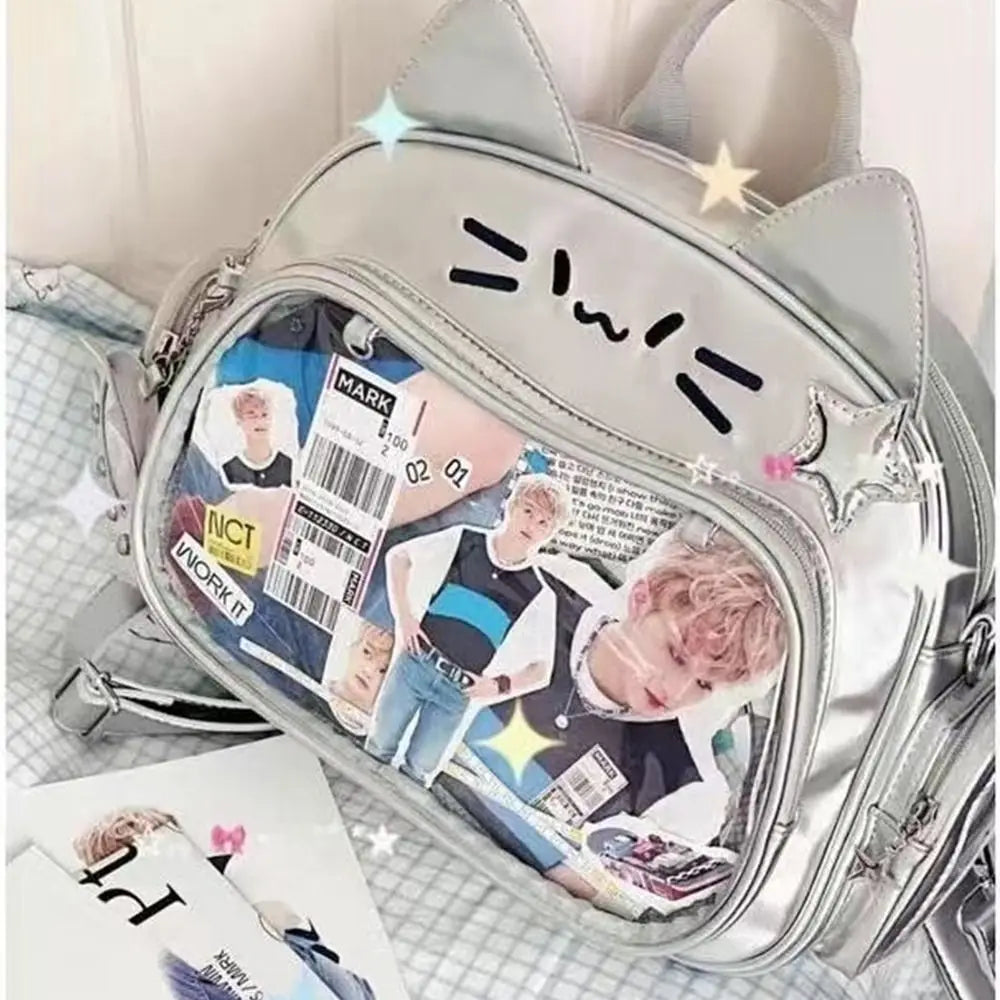 Y2K Korean Kawaii Cat Lolita Bag Cute PU Shoulder Bag Girls Transparent Pocket Harajuku Crossbody Bag Women's Fashion Backpacks