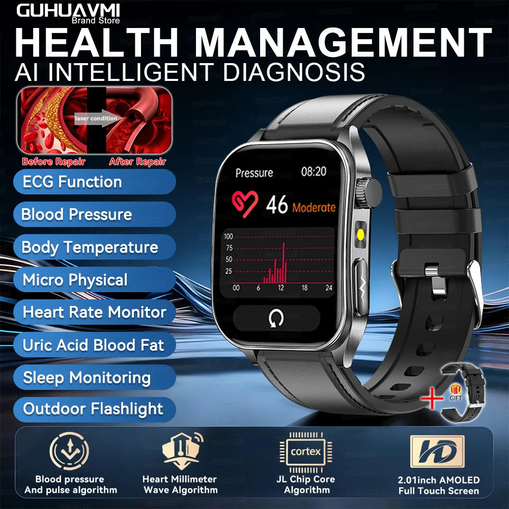 2025 New Blood Pressure 650nm Laser Therapy Diagnosis Smartwatches Men Women Clock Uric Acid Lipid  Heart rate Smart Watch IOS