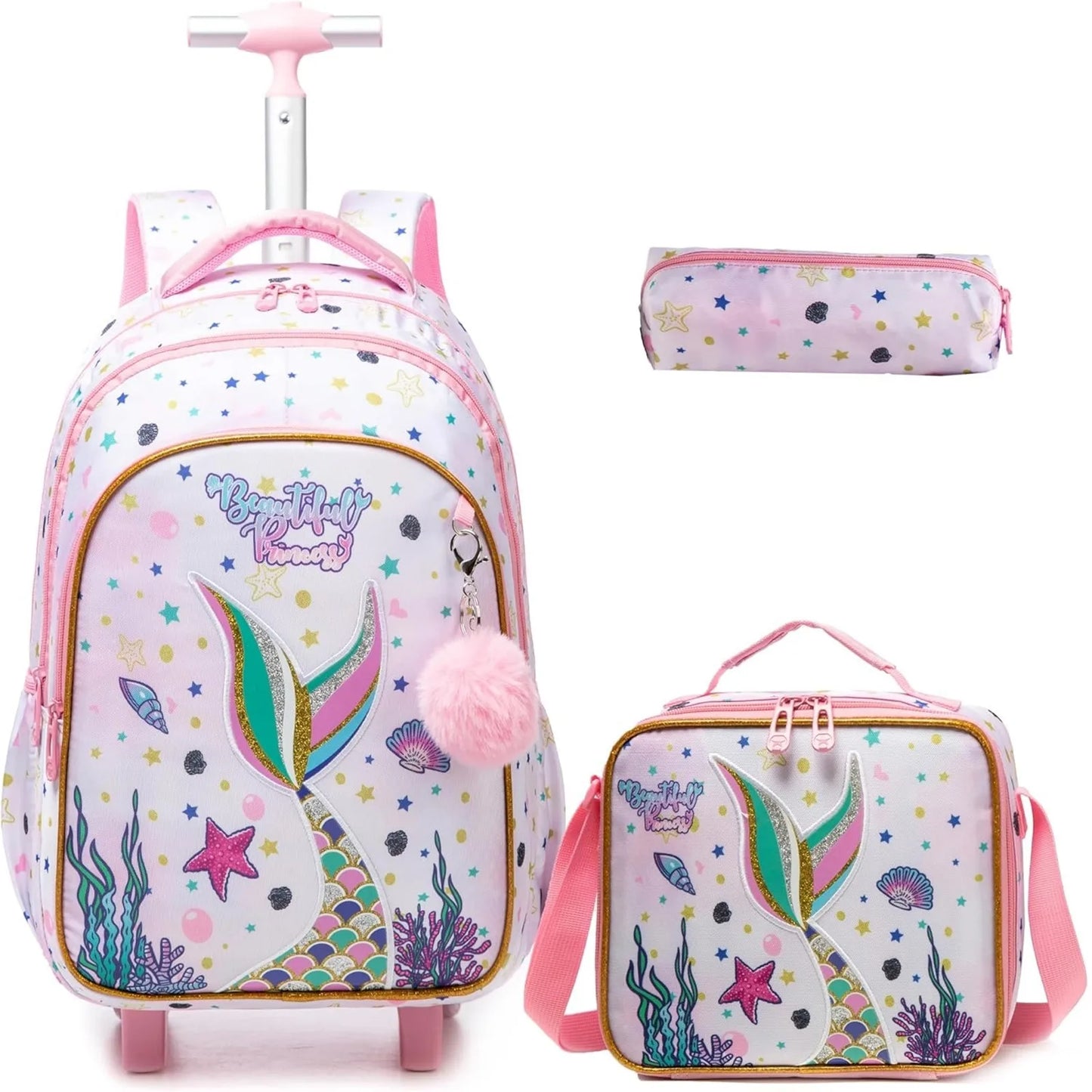 Children's Wheeled Backpack Bag Set with Lunch Box School Rolling Backpack Bag with Wheels School Trolley Backpack Bag for Girls