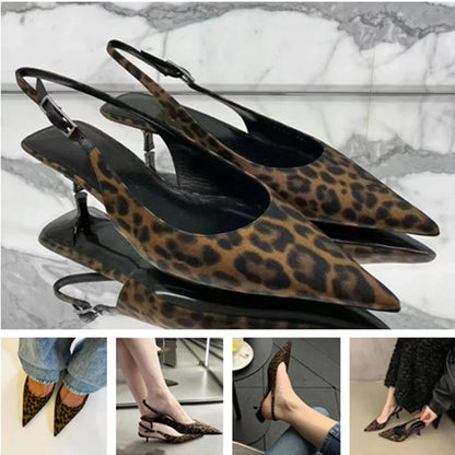 Sexy Leopard Women Pointed Toe Sandals 2024 Summer New Female Slingbacks Fashion Metal Buckle Ladies High Heels Pumps Shoes