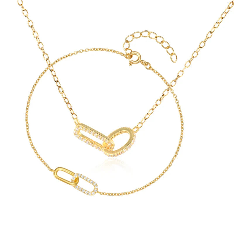 ROXI 925 Sterling Silver 17cm Double square crystal Bracelet For Women 40cm Clavicle Chain Necklace Wedding Pary bijoux femme