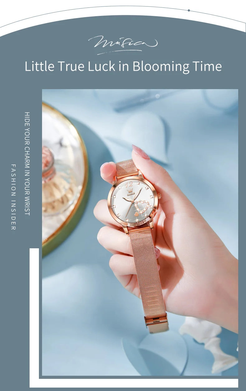 OLEVS 5189 Women's Watch Quartz Wristwatch Casual Fashion Watch for Ladies Waterproof Luminous Mesh Belt Love Dial Zircon Scale