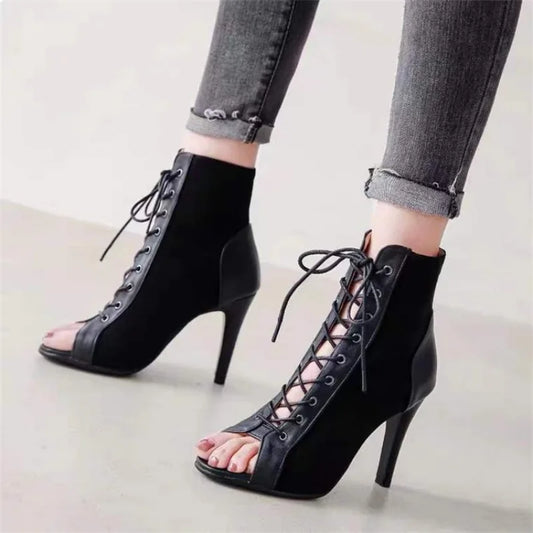 Fashion Summer Heels Ankle Boots for Women 2023 Spring Peep Toe Lace Up Pumps Party Shoes Quality Suede Ladies Boot Plus Size