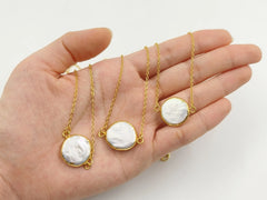 Amazing Elegant White Freshwater Pearl Coin Necklace In 18K Real Gold Plated