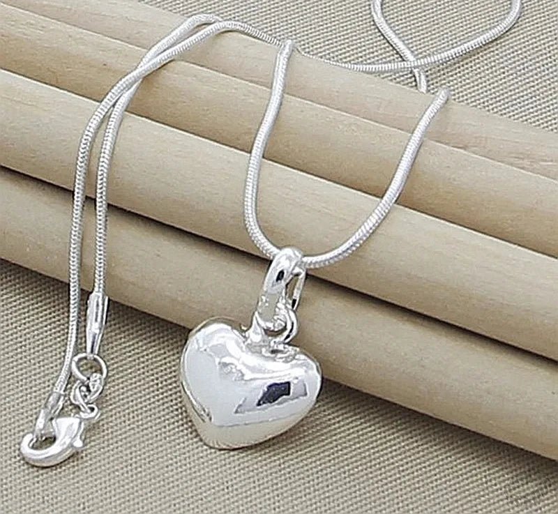 Silver Color Solid Small Heart Pendant Necklace 16-30 Inch Snake Chain For Women Wedding Charm Fashion Jewelry