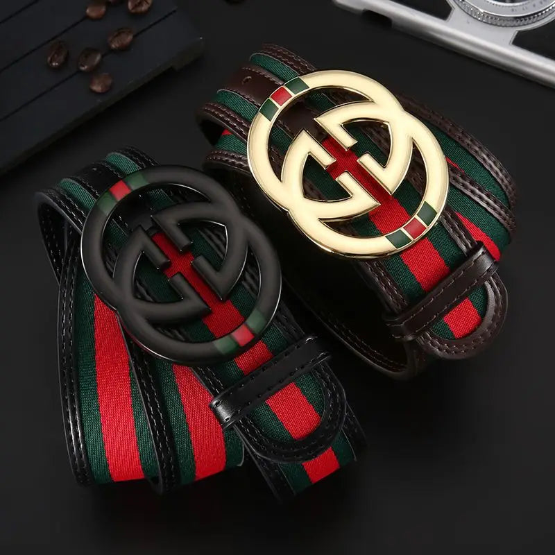 2026 New Unisex Red Green Stripe Belt 3.8cm - Durable Canvas Designer Waistband with Metal Logo, Trendy & Wear- Resistan