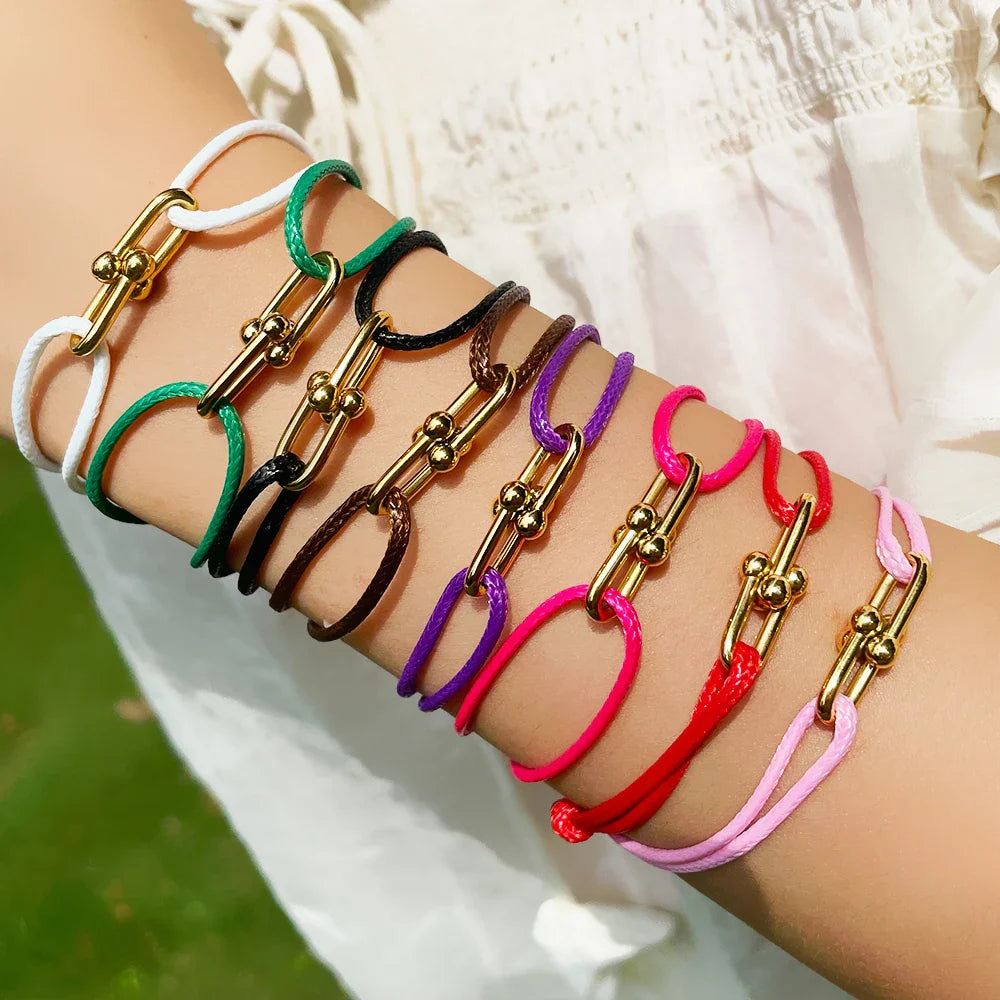 Simple Bamboo Horseshoe Buckle Bracelet Braided Ribbon Adjustable DIY Rope Bracelets Women Men Stainless Steel Jewelry