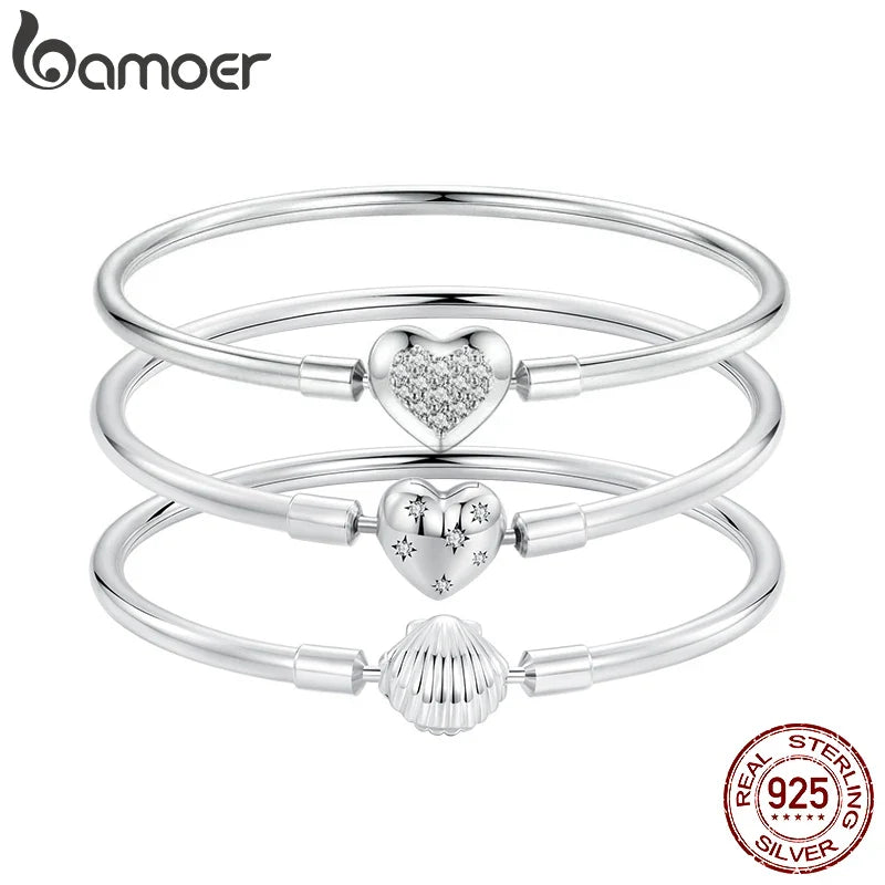 BAMOER Genuine 925 Sterling Silver Charm Glossy Bracelet Heart/Shell Clasp Basic Bangle Star Spacer Beads for Women DIY Jewelry
