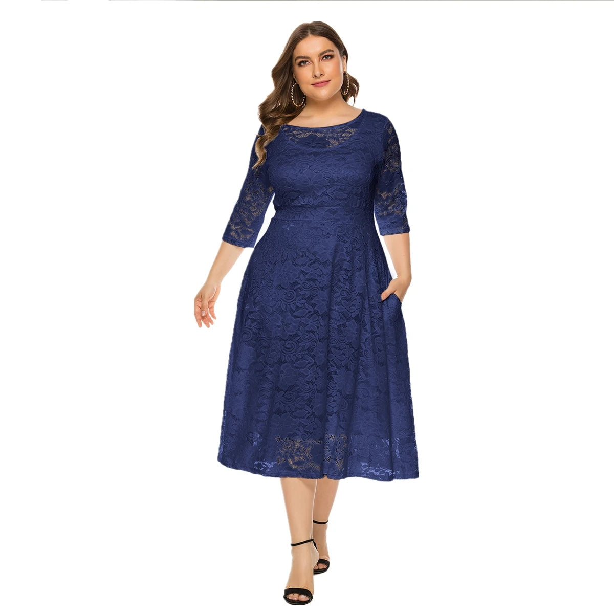 Plus Size Contrast Lace Half Sleeve Semi Sheer Midi Prom Party Wedding Evening Dress For Women