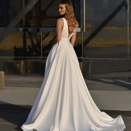 A-Line Wedding Dress Satin Side Slit Floor Length