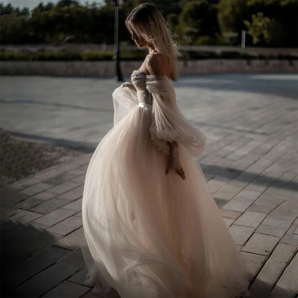 White Bridesmaid Dresses: Wedding Dresses For Woman Long Puff Sleeves Tulle Beach