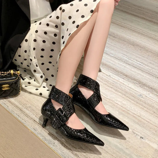 Real Leather Women Crocodile Thin Heeled Pumps Big Buckle