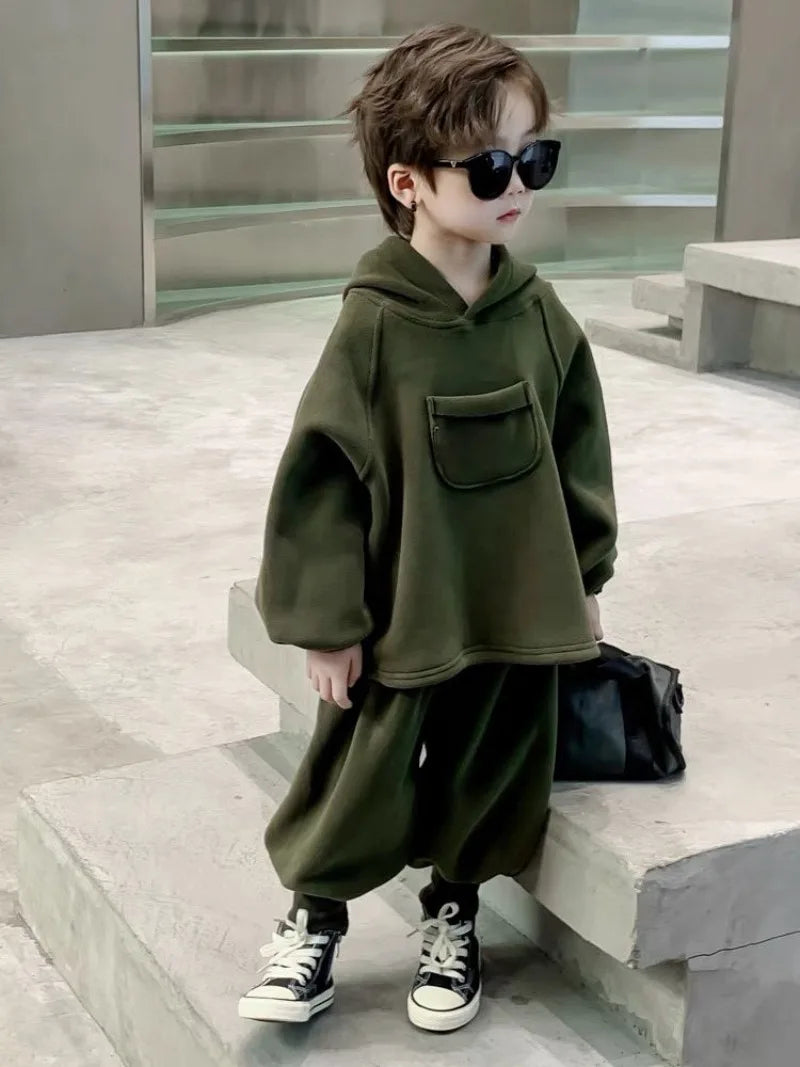 Boys' Cool-Style Autumn-Winter Polar Fleece Two-Piece Outfit