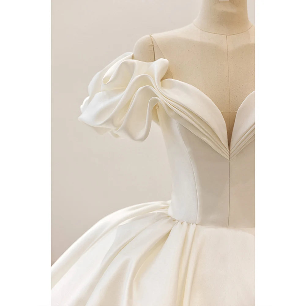 White Bridesmaid Dresses: Short Sleeve Neck Lace Up Back Satin Ball Gown