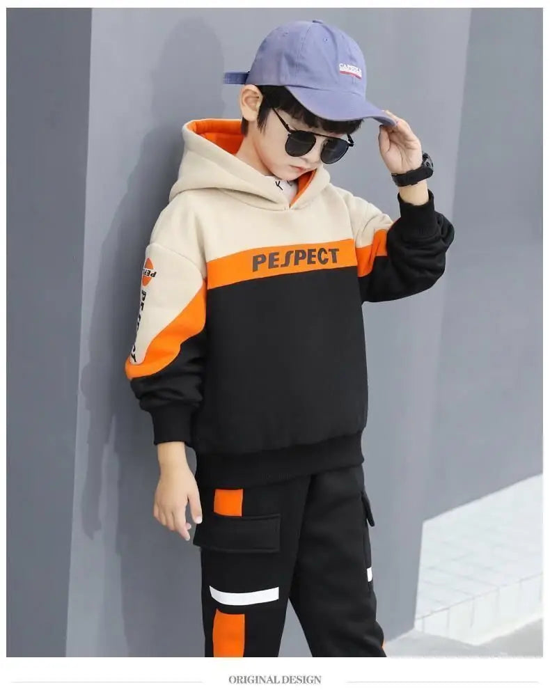 Boys Clothes Set Kids Letter Print Hoodies+Pants 2pcs Tracksuit Teenagers Thick Costume 4 To 14Yrs Big Children's Clothing Suits