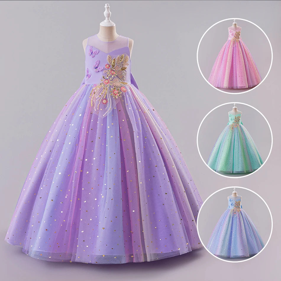 Elegant Kids Sleeveless Tulle Ball Gown Stage Performances Weddings Christmas Girls Dresses Girls Princess Party Dresses